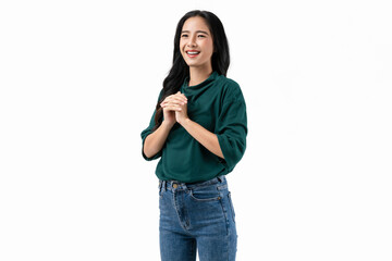 Young Asian woman exudes happiness, displaying a joyful expression as she stands against a white background.