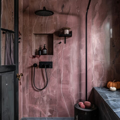 shower wall in a cherry pink dark simple marble, black accessories, halloween decoration, 