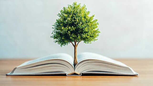 a book with a small tree growing , knowledge and growth concept.