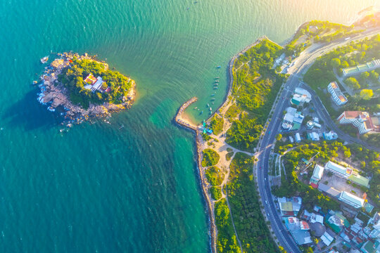 Beach Beautiful Hon Chong rock cape observatory country overlooking aerial view top Chua Tu Ton rocky outcrops off Nha Trang coast Hon Docoast Southeast Vietnam Asia in the day.