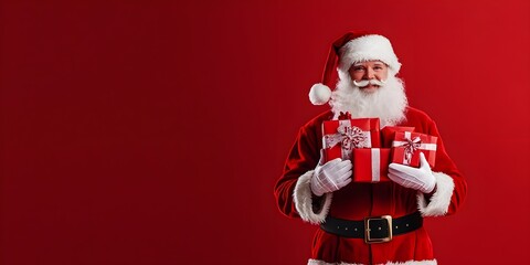 Santa Claus, wearing his classic red suit with white fur accents, is holding a stack of red and white gift boxes in his hands, red isolated backrgound, copy space on right