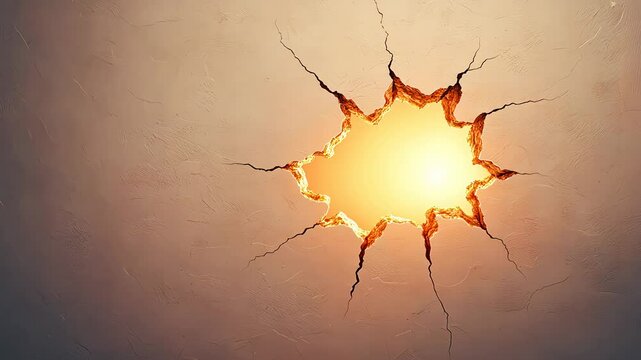 A illustration of a crack in a wall, revealing a bright light source. concepts of breakthrough