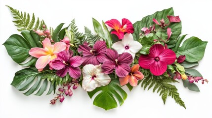 Artistic arrangement of tropical flowers with orchids, hibiscus, and lush foliage on a white background
