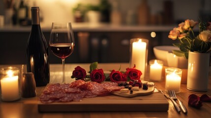 A romantic dining setup with wine, charcuterie, candles, and roses.