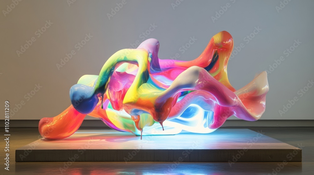 Poster a colorful abstract sculpture with fluid forms and vibrant hues, illuminated from below.
