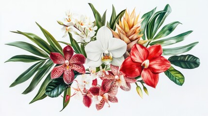 Artistic set of tropical blooms with orchids and bromeliads displayed elegantly on white