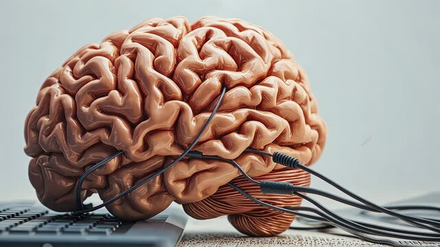 a brain connected to a computer, technology and human intelligence.