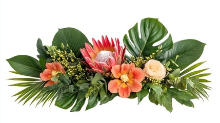 Obraz premium Bright tropical flower arrangement with proteas, hibiscus, and lush green foliage, isolated on white