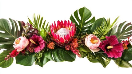 Bright tropical flower arrangement with proteas, hibiscus, and lush green foliage, isolated on white
