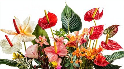 Bright tropical flower collection featuring heliconias, bromeliads, and red anthuriums on a white background