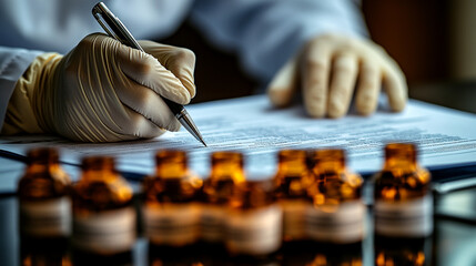 Scientist documenting lab findings with amber glass bottles in foreground