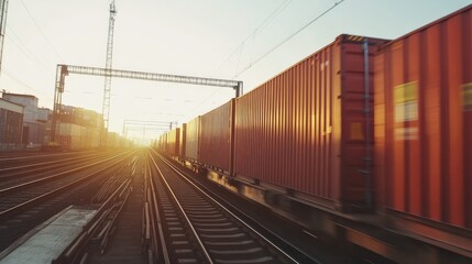 Obraz premium High-speed logistics train carrying cargo containers on industrial tracks, showcasing efficient freight transportation.