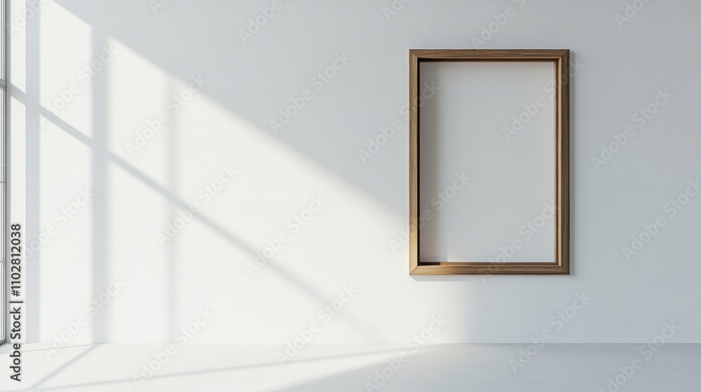 Poster an empty wooden frame on a minimalist wall with light streaming through.