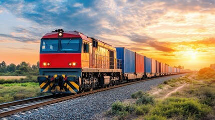 High-speed logistics train carrying cargo containers on industrial tracks, showcasing efficient freight transportation.