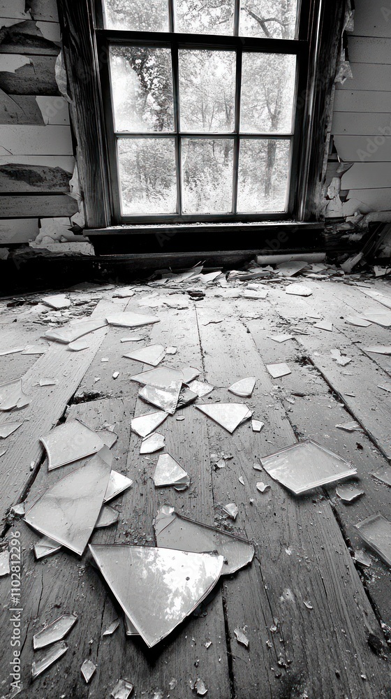 Poster a desolate room with shattered tiles scattered across the floor, illuminated by a window.