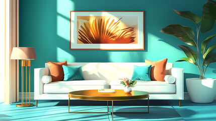 Art deco interior design of modern living room, home. golden round coffee table near white sofa with teal pillows against wall with poster.living room in art deco style. Deco. Illustration