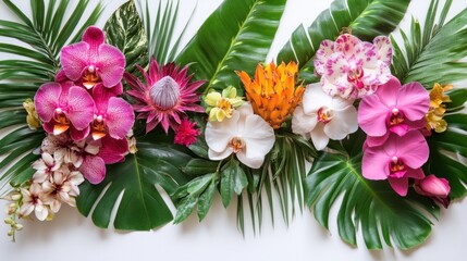 Collection of tropical flowers with proteas, orchids, and monstera leaves arranged beautifully on white