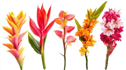 Colorful tropical flower collection featuring bold gingers and vibrant heliconias, isolated on white