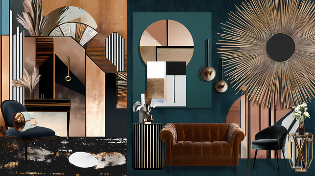 Art deco mood board with geometric patterns, metallic tones, and vintage glamour. Deco. Illustration