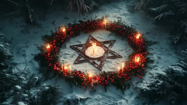 Pagan star shaped pentagram symbol with red candles in winter forest. Winter solstice holiday. Yule, Imbolc, Samhain. Wiccan pagan religion. Magic or esoteric dark ritual, satanism cult