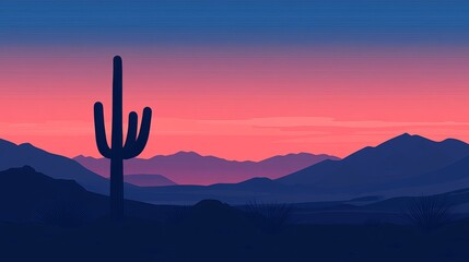 A serene desert landscape at dusk featuring a silhouetted cactus against a colorful sky.