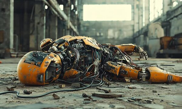 Abandoned Robot Lying on the Ground in an Industrial Warehouse, Exposed Wires and Damaged Exterior, Evokes a Sense of Futility and Lost Potential in Technology with ai generated.