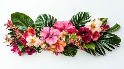 Stunning arrangement of tropical flowers featuring orchids, hibiscus, and lush green leaves on a white background