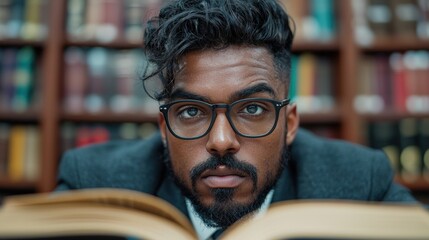 Fototapeta premium Focused Man Reading Book in Library Studying Learning Education Knowledge