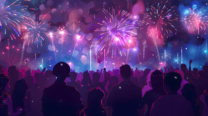 Fototapeta premium Crowd Watching Fireworks New Year Illustration background