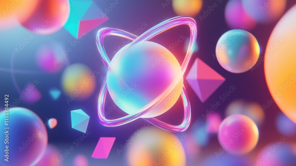 Poster a vibrant abstract representation of atoms and geometric shapes in a colorful digital space.