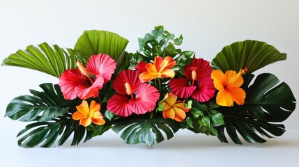 Vibrant tropical flower arrangement with bold hibiscus and lush green leaves displayed elegantly on white
