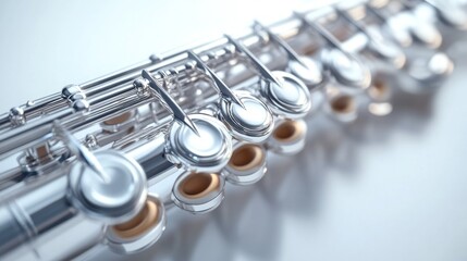 Fototapeta premium A close-up view of a silver flute showcasing its keys and craftsmanship.