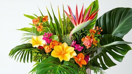 Vibrant tropical flower assortment with bird of paradise and lush foliage, perfect for a white backdrop