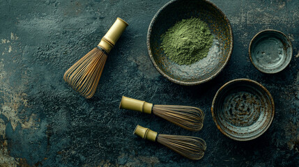 Minimalist composition featuring matcha powder and whisks on textured surface. earthy tones and simple arrangement evoke sense of calm and focus