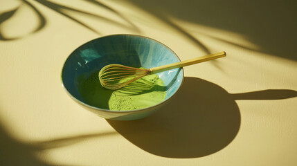 serene composition featuring matcha powder in blue bowl with bamboo whisk, casting soft shadows. minimalist aesthetic highlights vibrant green color of matcha