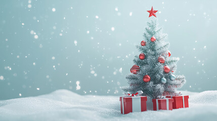 Obraz premium Christmas tree and snow background. Gorgeous elegant Christmas tree with gifts in red and silver on a panoramic snow background 