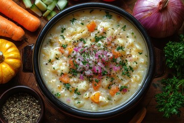 Top view of pumpkin soup in a pot, surrounded by cozy autumnal decor, celebrating seasonal warmth.