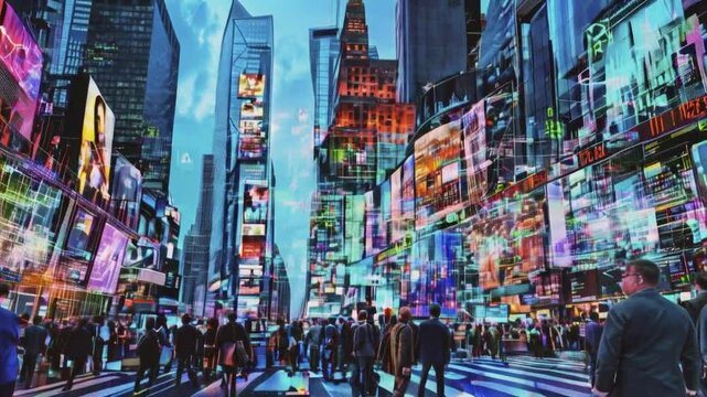 A bustling urban scene in Times Square, showcasing vibrant lights and diverse crowds.