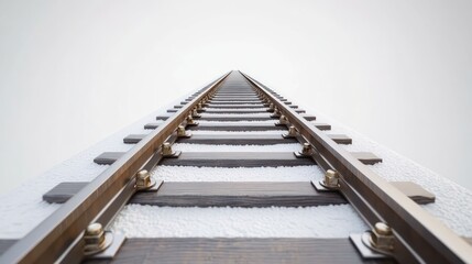 Obraz premium A close-up view of railway tracks leading into a bright, foggy distance.