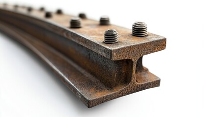 A close-up of a rusty railway track section with bolts, illustrating industrial materials.