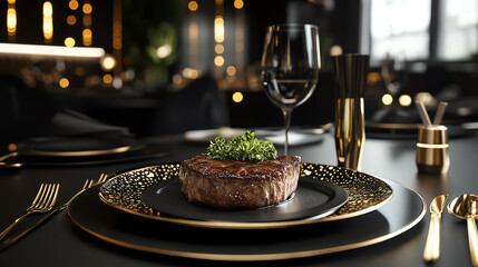 Steak plated with finesse, modern luxury dining scene with gold and black accents, ultrarealistic