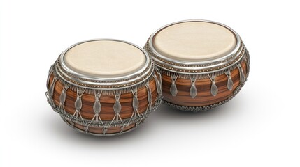 Two traditional drums with wooden bodies and skin tops, used in various musical genres.