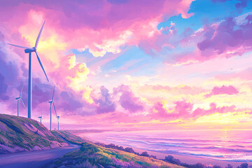 A futuristic wind farm perched on a coastal cliff with turbines shimmering in the light of a vivid sunset sky