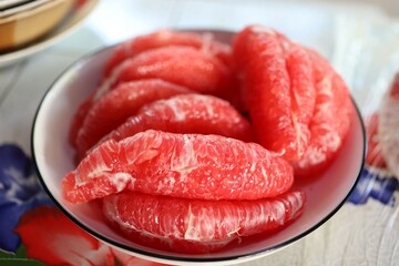 Close-up of red pomelo, organic fruit, good for health
