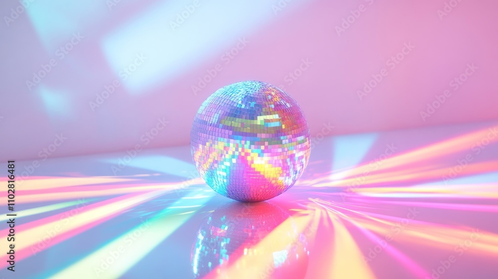 Poster a reflective disco ball casting colorful light patterns on a surface.