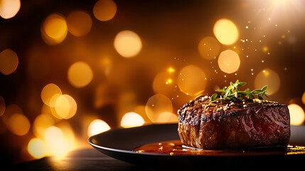 Gourmet steak plated with a sauce drizzle, opulent dining atmosphere, with soft spotlight, ultrarealistic