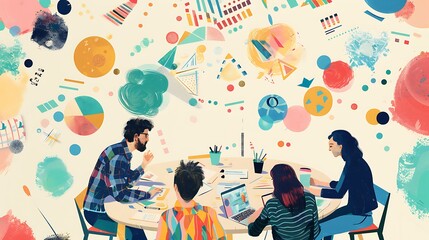 Team in creative brainstorming session with colorful abstract shapes for idea generation innovation collaboration vibrant illustration data visualization dynamic thinking concept.