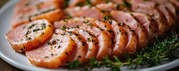 Fototapeta premium Sliced smoked meat garnished with thyme on a plate, shot close-up.