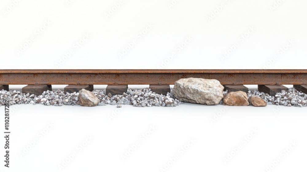 Poster a close-up view of railway tracks with rocks and gravel alongside them.