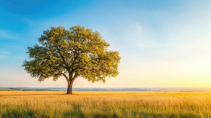 Fototapeta premium Lone tree standing in a golden field under a blue sky at sunset.